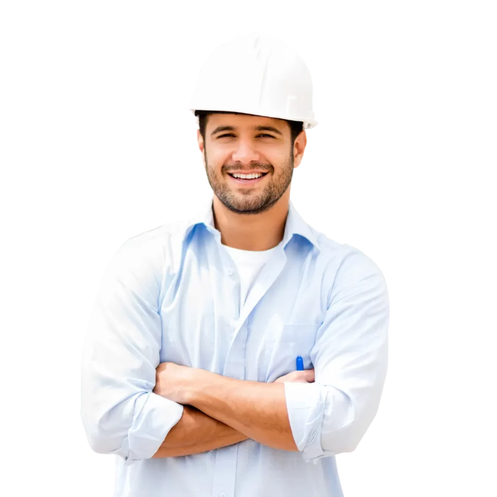 Un homme en chemise avec un casque de chantier blanc sourit de face.