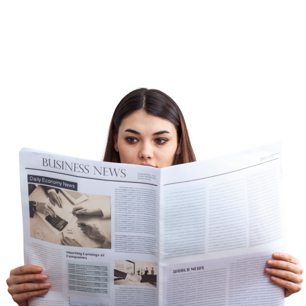 Une femme lisant les nouvelles dans le journal. Cette image représente la page "Actualités" de VisiondeFemmes